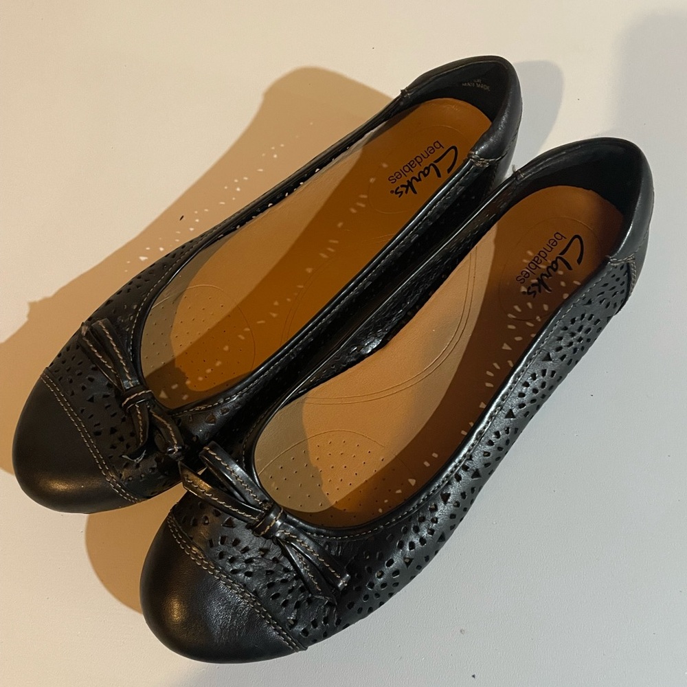 Clarks Black Perforated Leather Bow Ballet Flats